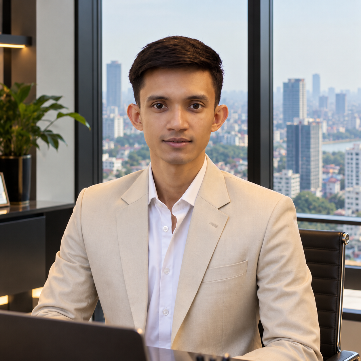 Mehedi Polok in an office overlooking Dhaka